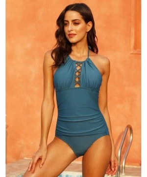 One-Pieces Women's One Piece Swimsuits Halter High Neck Ruched Long Torso Swimwear - Aquamarine Blue - CZ18G6GUSXC