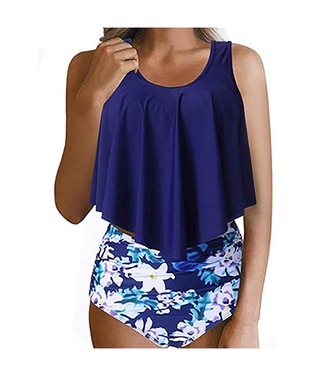 Racing Swimsuit for Women Two Piece Bathing Suit Top Ruffled Racerback High Waisted Tankini - Navy - CP194YYNDWE