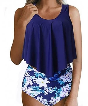 Racing Swimsuit for Women Two Piece Bathing Suit Top Ruffled Racerback High Waisted Tankini - Navy - CP194YYNDWE