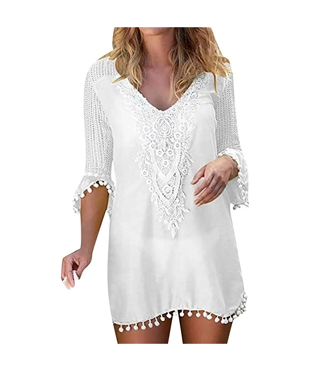 Cover-Ups Swimsuit Cover Ups for Women Pom Pom Trim Tassel Lace Crochet Swimwear Beach Cover Up - White - CL196OULID4