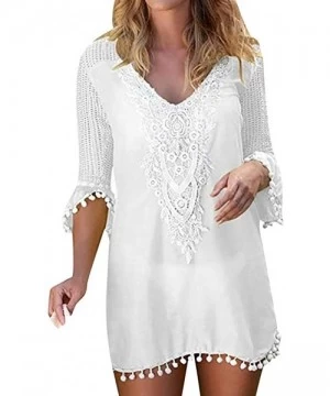 Cover-Ups Swimsuit Cover Ups for Women Pom Pom Trim Tassel Lace Crochet Swimwear Beach Cover Up - White - CL196OULID4