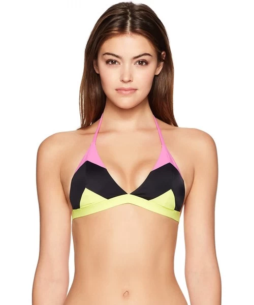 Tops Women's Color Block Triangle Bikini Top - Pink/Yellow/Black - CI17Z4L269Z