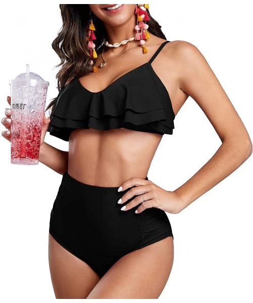 Sets Women's High Waisted Bikini Set Flounce Spaghetti Strap 2 Piece Swimsuit Bathing Suit - Black - CY1933ERSQT