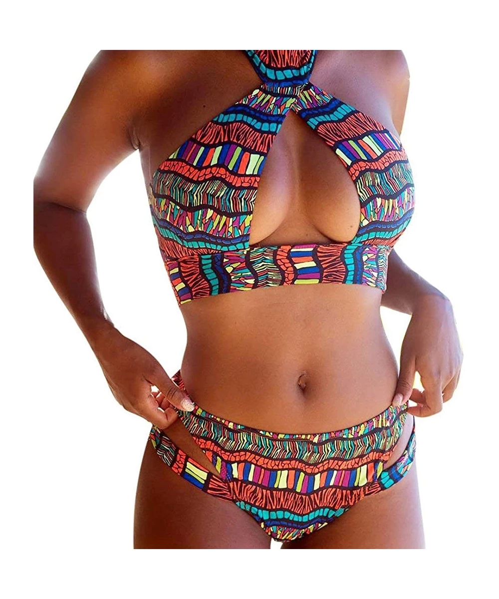 Sets Women Tropical Print Hollow Padded Cheeky Cutout Thong Bikini Swimwear Bathing Ties Halter 2 Pieces Suit Multi Color - C...