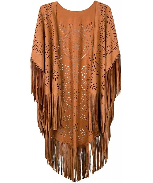 Cover-Ups Fringe Faux Suede Kimono Cape for Women- Sleeveless- V-Shape- Laser Cut Beach Cover ups- Elegant Soft Casual Shawl ...