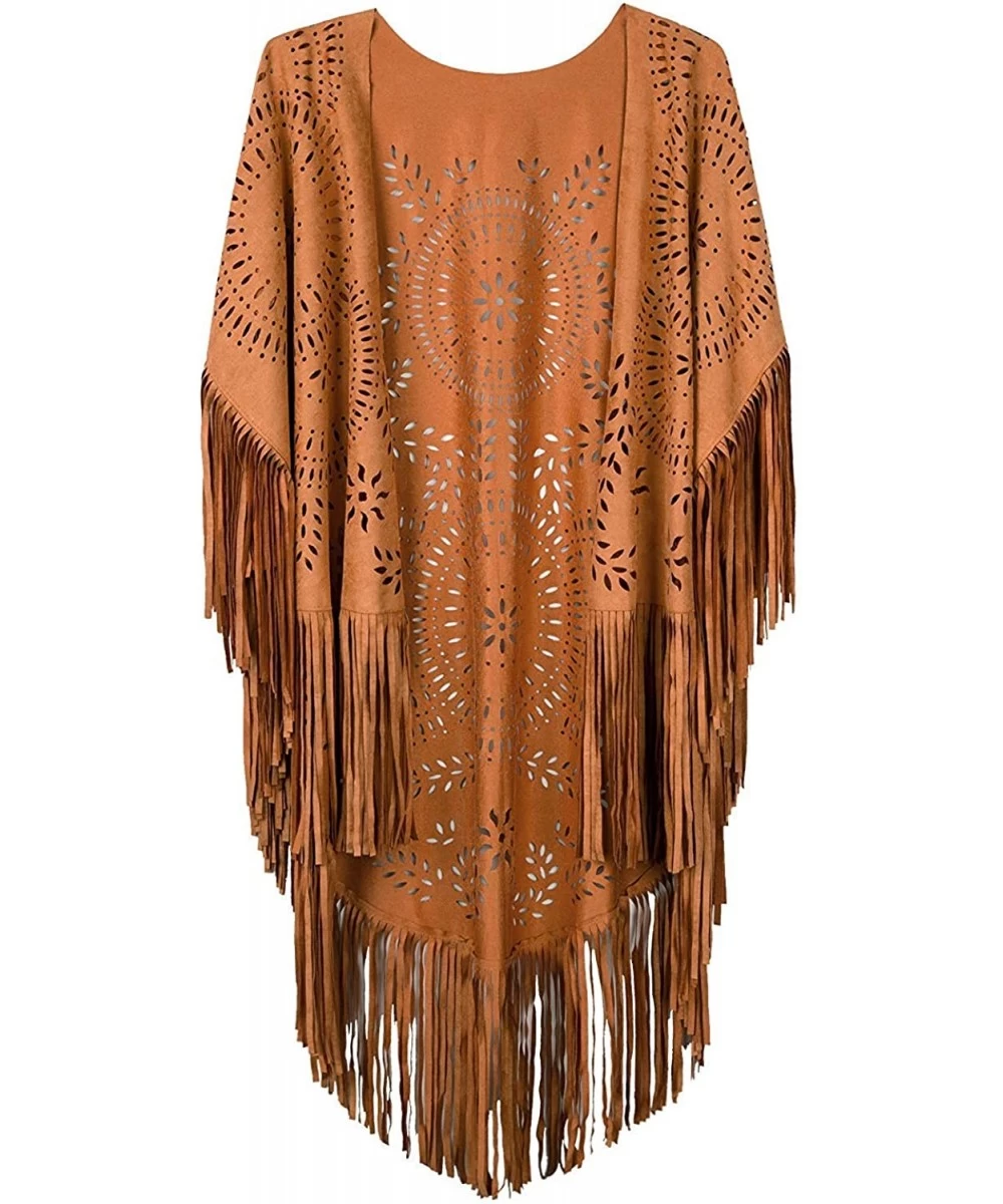 Cover-Ups Fringe Faux Suede Kimono Cape for Women- Sleeveless- V-Shape- Laser Cut Beach Cover ups- Elegant Soft Casual Shawl ...