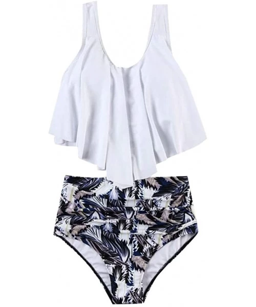 Rash Guards Womens Suits One/Two Pieces Flounce Top High Waist Bottom Tankini Sets Flowy Beach Swimwear - White (Set) - CB196...