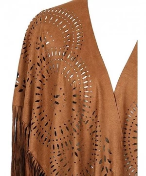 Cover-Ups Fringe Faux Suede Kimono Cape for Women- Sleeveless- V-Shape- Laser Cut Beach Cover ups- Elegant Soft Casual Shawl ...