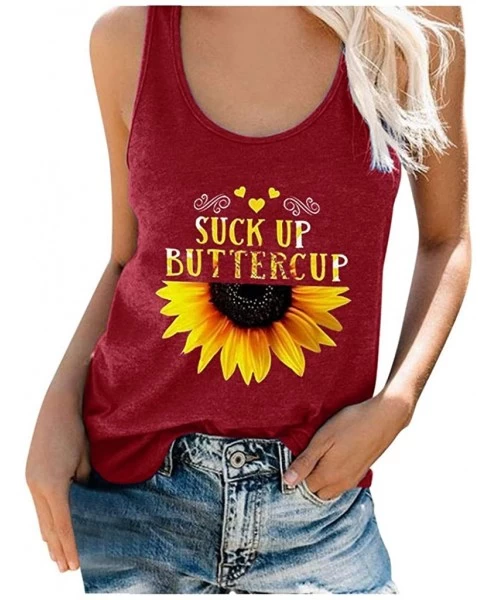 Tops Womens Sunflower Graphic Tank Tops Sleeveless Tee Shirts Crew Neck Letter Print Loose Blouse S-XXXL - Wine - CB190HZYE5I