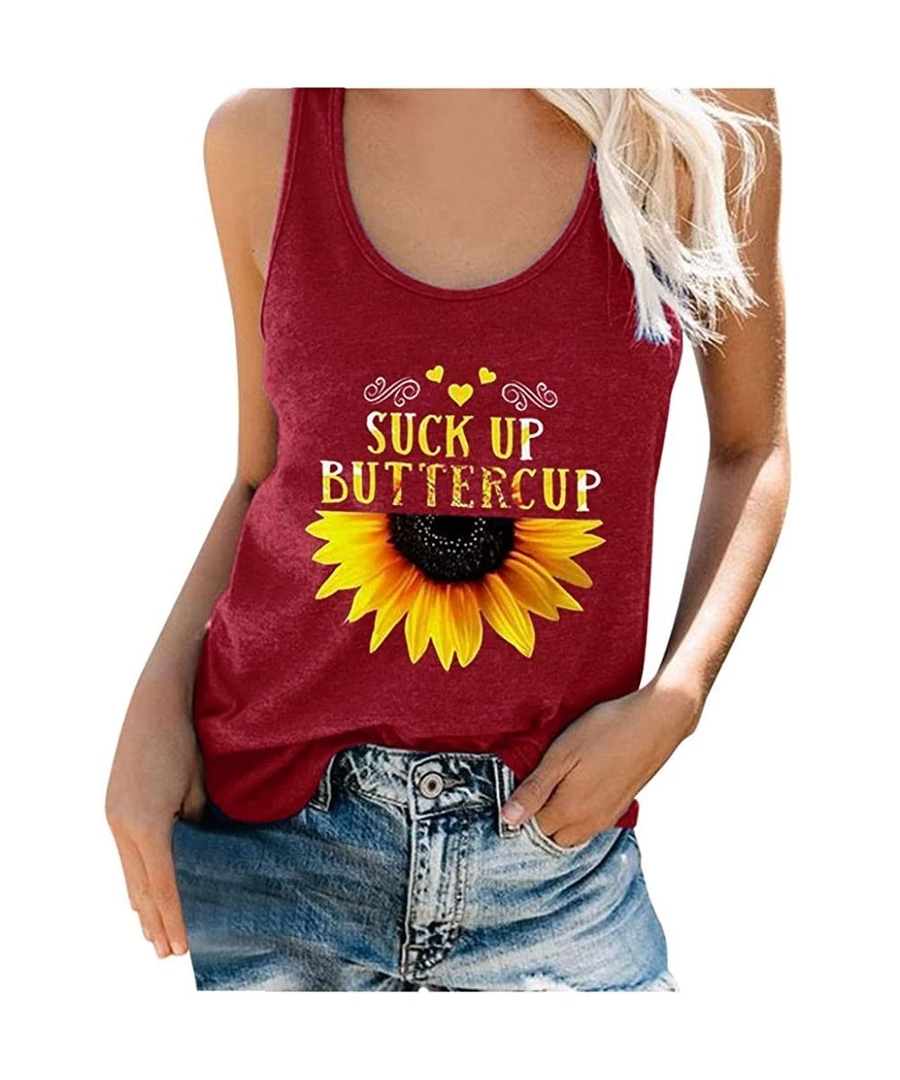 Tops Womens Sunflower Graphic Tank Tops Sleeveless Tee Shirts Crew Neck Letter Print Loose Blouse S-XXXL - Wine - CB190HZYE5I