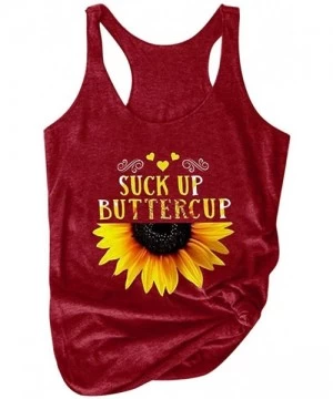 Tops Womens Sunflower Graphic Tank Tops Sleeveless Tee Shirts Crew Neck Letter Print Loose Blouse S-XXXL - Wine - CB190HZYE5I