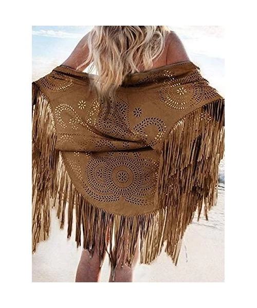 Cover-Ups Fringe Faux Suede Kimono Cape for Women- Sleeveless- V-Shape- Laser Cut Beach Cover ups- Elegant Soft Casual Shawl ...