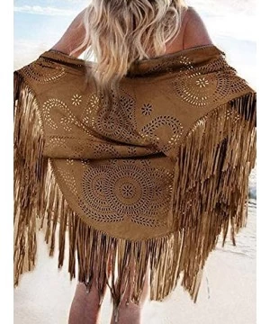 Cover-Ups Fringe Faux Suede Kimono Cape for Women- Sleeveless- V-Shape- Laser Cut Beach Cover ups- Elegant Soft Casual Shawl ...