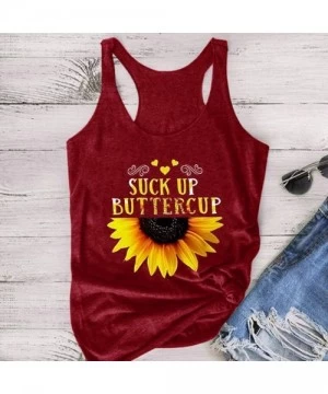 Tops Womens Sunflower Graphic Tank Tops Sleeveless Tee Shirts Crew Neck Letter Print Loose Blouse S-XXXL - Wine - CB190HZYE5I