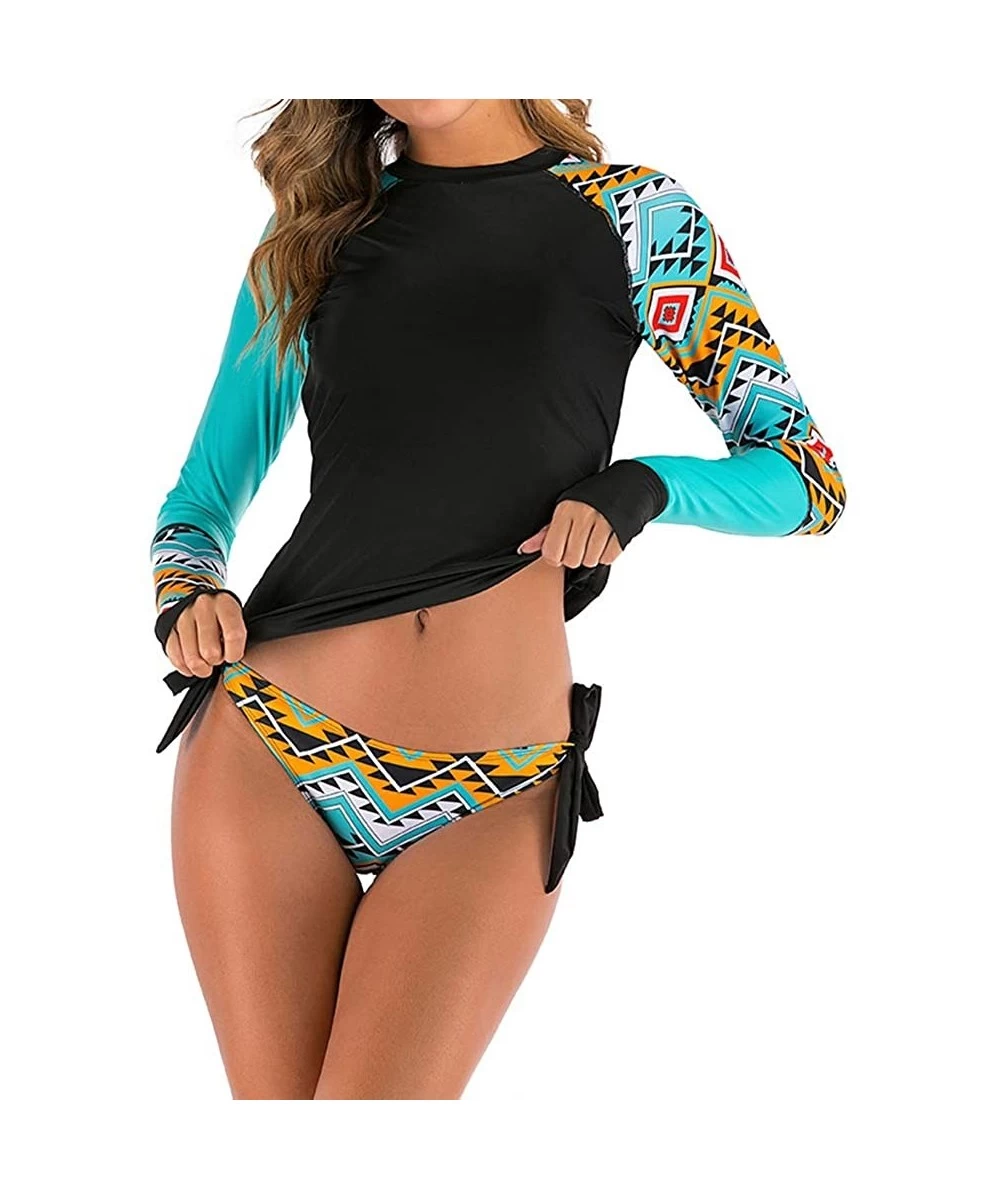 Rash Guards Women's Long Sleeves Rash Guard Athletic Swim Aztec Side Ties Bottom Tankini Sets Swimsuit - Blue 02 - CA197HRG2DH