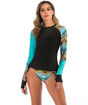 Rash Guards Women's Long Sleeves Rash Guard Athletic Swim Aztec Side Ties Bottom Tankini Sets Swimsuit - Blue 02 - CA197HRG2DH