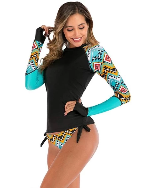 Rash Guards Women's Long Sleeves Rash Guard Athletic Swim Aztec Side Ties Bottom Tankini Sets Swimsuit - Blue 02 - CA197HRG2DH