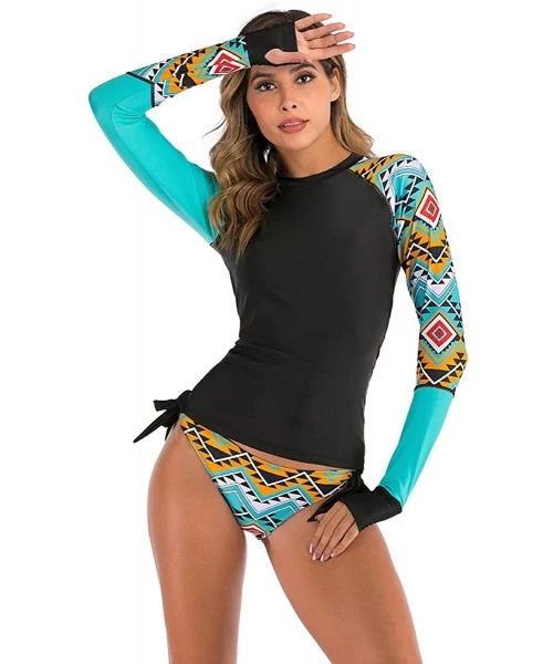 Rash Guards Women's Long Sleeves Rash Guard Athletic Swim Aztec Side Ties Bottom Tankini Sets Swimsuit - Blue 02 - CA197HRG2DH