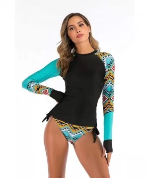 Rash Guards Women's Long Sleeves Rash Guard Athletic Swim Aztec Side Ties Bottom Tankini Sets Swimsuit - Blue 02 - CA197HRG2DH