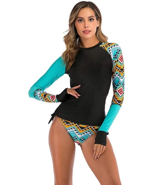 Rash Guards Women's Long Sleeves Rash Guard Athletic Swim Aztec Side Ties Bottom Tankini Sets Swimsuit - Blue 02 - CA197HRG2DH