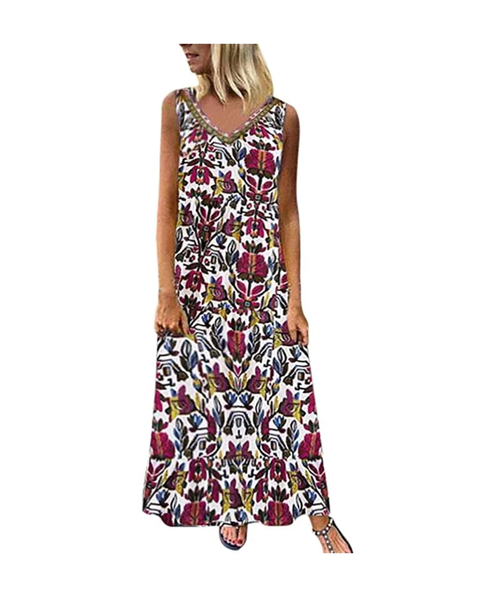 Rash Guards Women Plus Size Bohemian O-Neck Floral Print Vintage Sleeveless Long Maxi Dress - B-red - CA18W8X8LKR