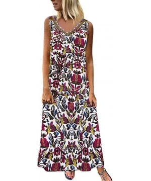 Rash Guards Women Plus Size Bohemian O-Neck Floral Print Vintage Sleeveless Long Maxi Dress - B-red - CA18W8X8LKR