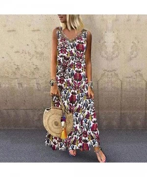 Rash Guards Women Plus Size Bohemian O-Neck Floral Print Vintage Sleeveless Long Maxi Dress - B-red - CA18W8X8LKR