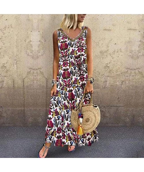 Rash Guards Women Plus Size Bohemian O-Neck Floral Print Vintage Sleeveless Long Maxi Dress - B-red - CA18W8X8LKR