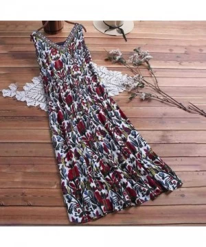 Rash Guards Women Plus Size Bohemian O-Neck Floral Print Vintage Sleeveless Long Maxi Dress - B-red - CA18W8X8LKR