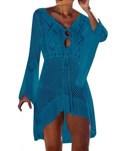 Cover-Ups Women's Asymmetrical Hollow Lace Beach Bikini Cover up Dress Bathing Suit Crochet Hollow Out Swimsuit - Blue - CA18...