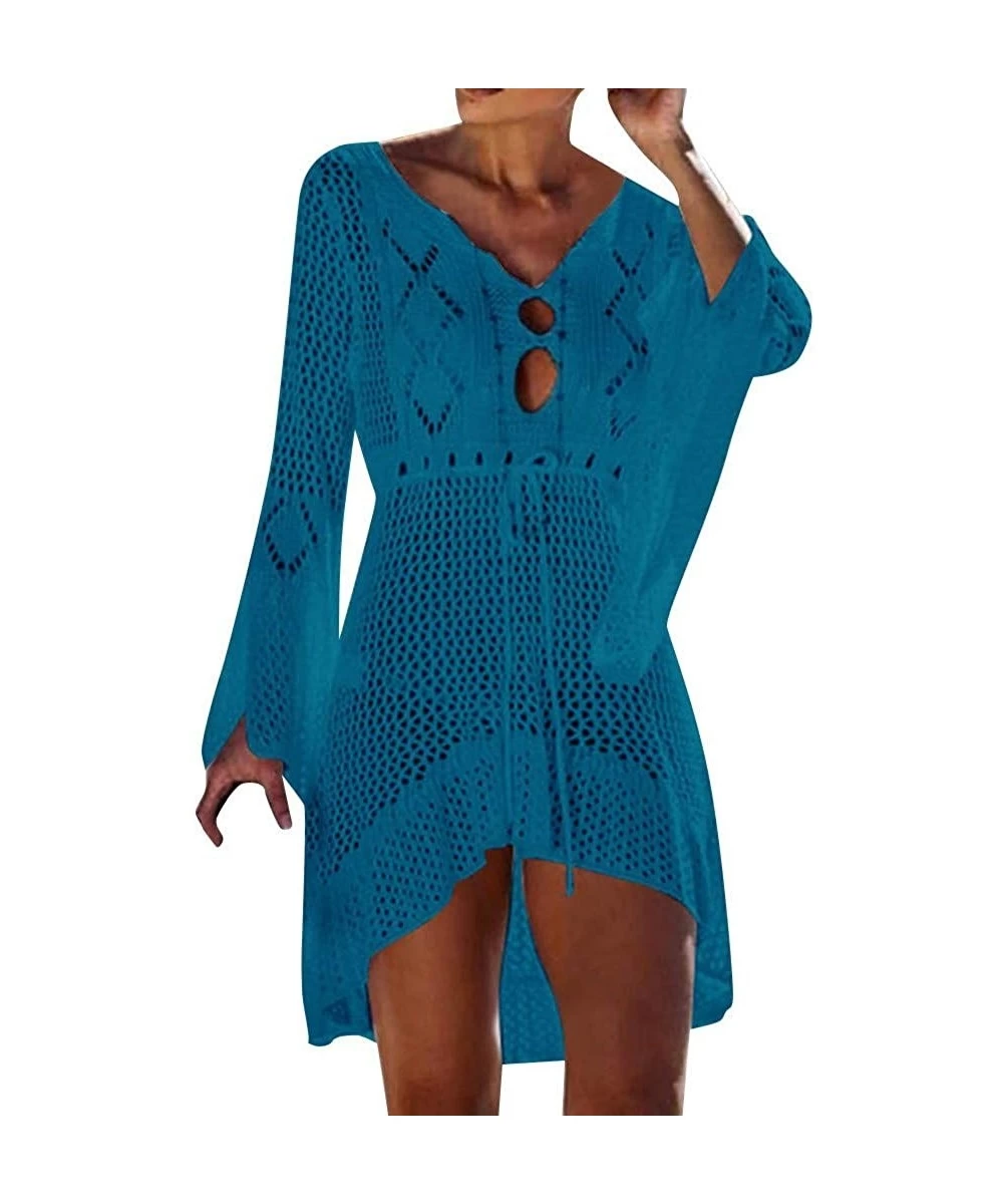 Cover-Ups Women's Asymmetrical Hollow Lace Beach Bikini Cover up Dress Bathing Suit Crochet Hollow Out Swimsuit - Blue - CA18...