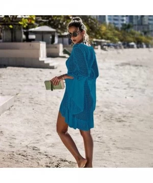 Cover-Ups Women's Asymmetrical Hollow Lace Beach Bikini Cover up Dress Bathing Suit Crochet Hollow Out Swimsuit - Blue - CA18...