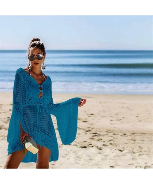 Cover-Ups Women's Asymmetrical Hollow Lace Beach Bikini Cover up Dress Bathing Suit Crochet Hollow Out Swimsuit - Blue - CA18...