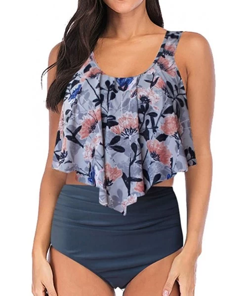 Rash Guards Women's Plus Size Tankini High Waist Bikini Set Lotus Leaf Print Ruffled Two Piece Swimsuit Beachwear - Gray - CW...