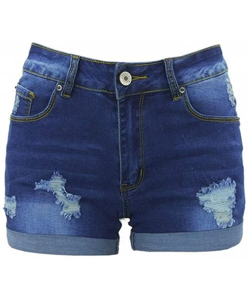 Board Shorts Women'S Sexy Juniors Vintage Holes Denim High Waisted Folded Hem Jeans Shorts Denim Shorts Pants - Deep Blue - C...