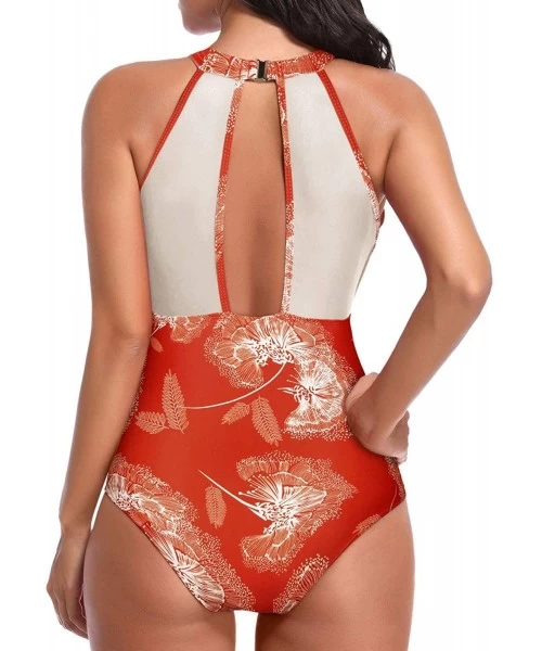 One-Pieces Women One Piece Swimsuit High Neck Plunge Mesh Ruched Monokini Swimwear - Orange Floral-1 - CA18XUANTXG