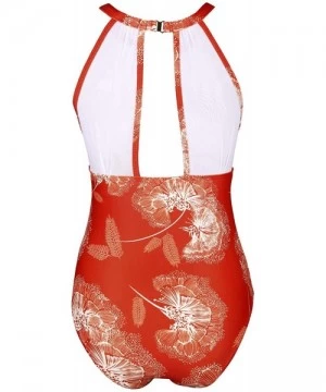 One-Pieces Women One Piece Swimsuit High Neck Plunge Mesh Ruched Monokini Swimwear - Orange Floral-1 - CA18XUANTXG