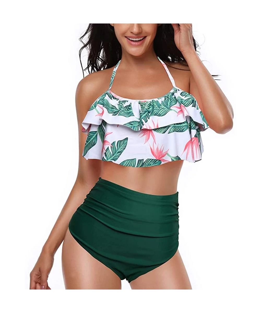 Sets Woemn Bikini Two Piece High Waisted Swimsuit Ruffled Flounce Tassel Bathing Suits - Banana Leaves + Green - CD19C98ST9M