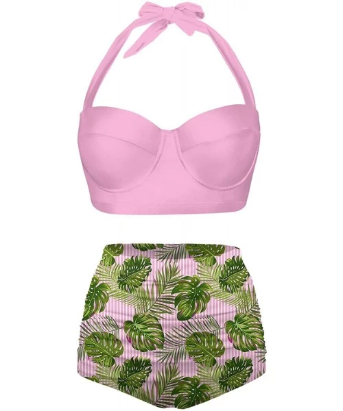 Sets Womens Halter Retro Tropical Leaves Summer Pattern SwimsuitsTwo Piece High Waisted Bikini - Pink+green - C2196N79YGE