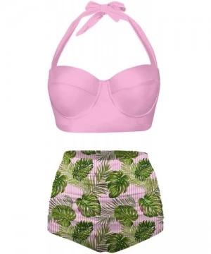 Sets Womens Halter Retro Tropical Leaves Summer Pattern SwimsuitsTwo Piece High Waisted Bikini - Pink+green - C2196N79YGE