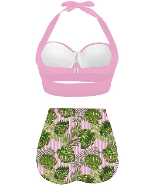 Sets Womens Halter Retro Tropical Leaves Summer Pattern SwimsuitsTwo Piece High Waisted Bikini - Pink+green - C2196N79YGE