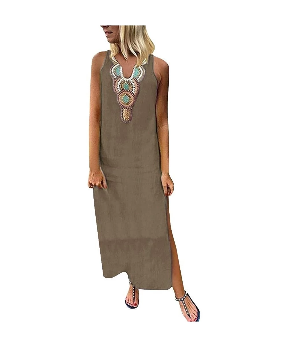 One-Pieces Women Sleeveless V-Neck Printed Maxi Dress Vestido Split Hem Baggy Kaftan Long Dress - A-khaki - C718SCSA3UQ