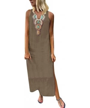 One-Pieces Women Sleeveless V-Neck Printed Maxi Dress Vestido Split Hem Baggy Kaftan Long Dress - A-khaki - C718SCSA3UQ