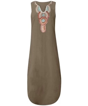 One-Pieces Women Sleeveless V-Neck Printed Maxi Dress Vestido Split Hem Baggy Kaftan Long Dress - A-khaki - C718SCSA3UQ