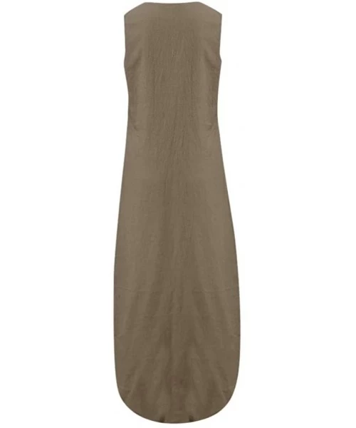 One-Pieces Women Sleeveless V-Neck Printed Maxi Dress Vestido Split Hem Baggy Kaftan Long Dress - A-khaki - C718SCSA3UQ