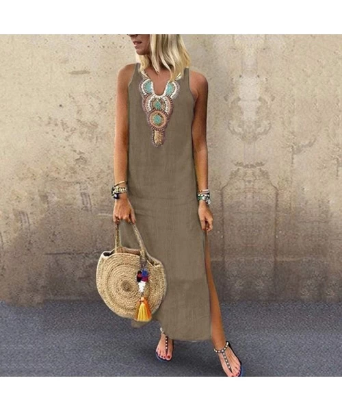 One-Pieces Women Sleeveless V-Neck Printed Maxi Dress Vestido Split Hem Baggy Kaftan Long Dress - A-khaki - C718SCSA3UQ