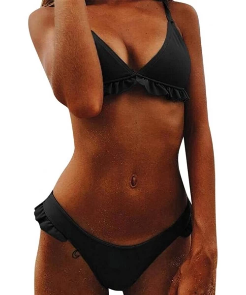 Sets Women's Swimwear Two-Piece Push-up Bikini Set Ruffled Swimsuit Low-waist Swimsuit Set - Black - CP18SYAZW27