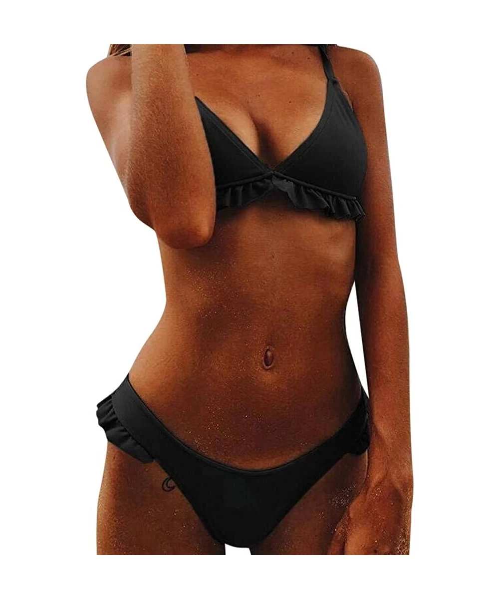 Sets Women's Swimwear Two-Piece Push-up Bikini Set Ruffled Swimsuit Low-waist Swimsuit Set - Black - CP18SYAZW27