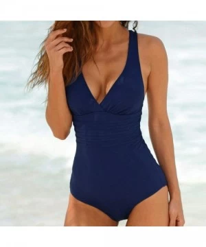 One-Pieces Swimsuits for Women One Piece Summer Sexy Deep V Neck Backless Soild Swimwear Beachwear Swimsuit Monokini Set Blue...