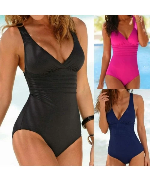 One-Pieces Swimsuits for Women One Piece Summer Sexy Deep V Neck Backless Soild Swimwear Beachwear Swimsuit Monokini Set Blue...